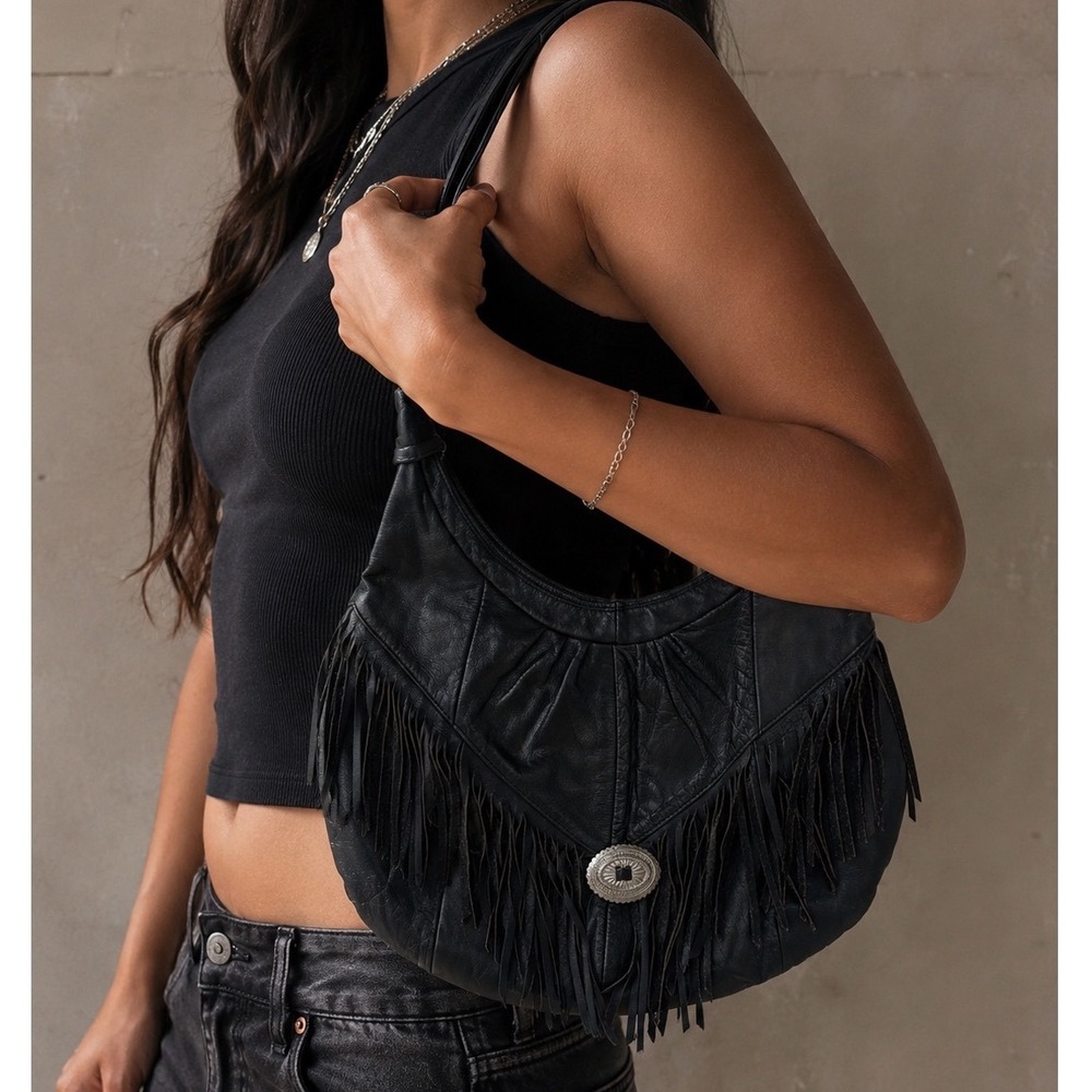 Vintage Black Leather Fringe Hobo Bag Western Concho Shoulder Bag Mexico grunge